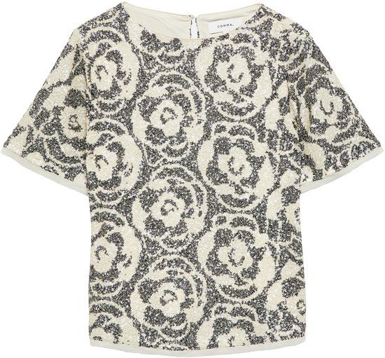 comma Bluse lichtbeige gebloemd met ronde hals en korte mouwen