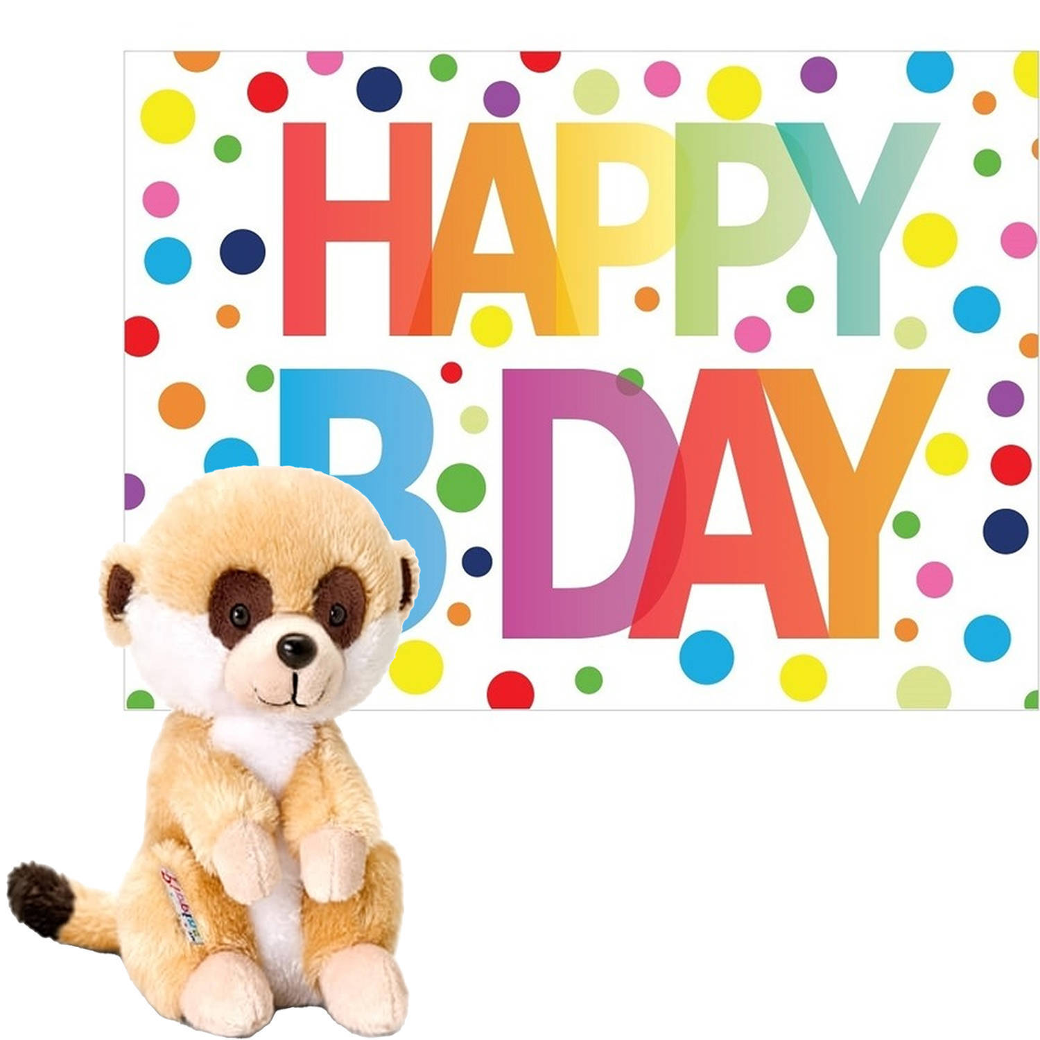 Keel Toys pluche dieren knuffel stokstaartje 14 cm met happy birthday wenskaart - knuffeldier