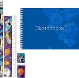 Merkloos Nv Lg-Imports A3 schetsboek/tekenboek 20 pagina's met ruimte/space/astronauten thema tekenset 4-delig
