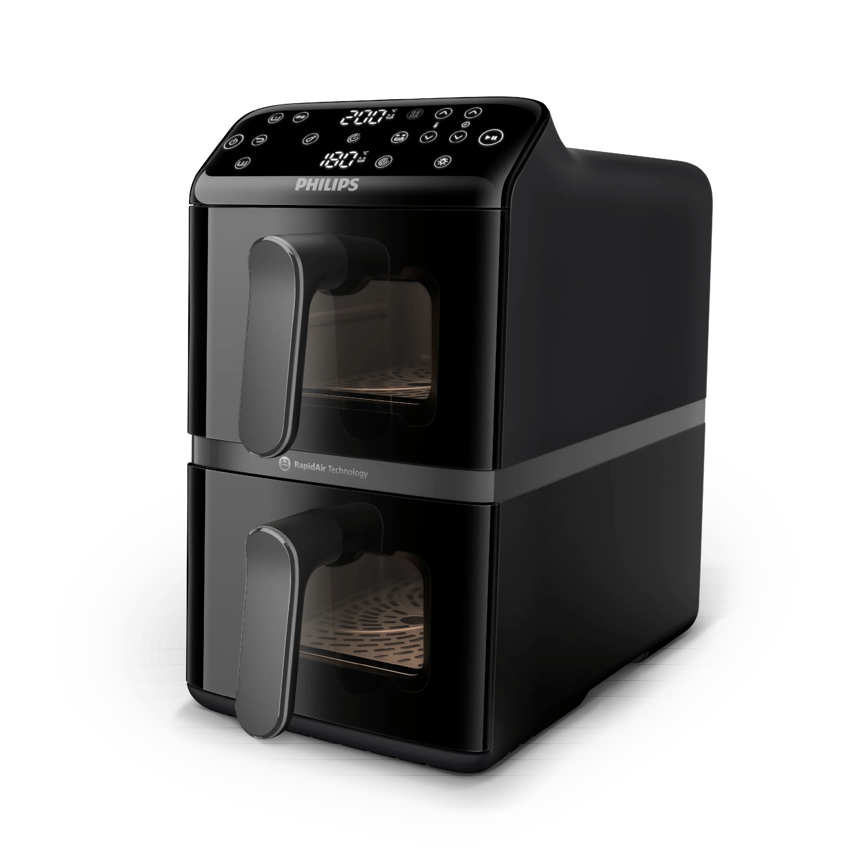 Philips AirFryer Serie 4000 10L VerticalDuo - dubbele mand, RapidAir, gesynchroniseerd koken, 2 maaltijden tegelijk, 45% ruimtebesparing, PFAS-vrije keramische coating, kookramen (NA460/00)