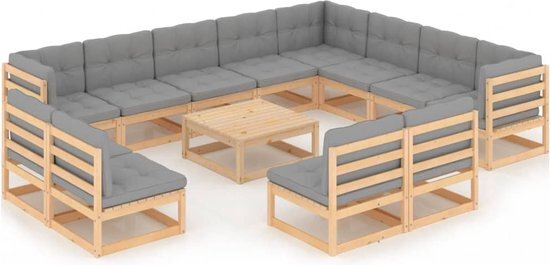 The Living Store Lounge set - Grenenhout - 3 hoekbank - 9 middenbank - 1 tafel - Grijs kussen - 70 x 70 x 67 cm - 100% polyester