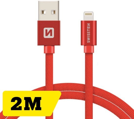 Swissten Lightning naar USB kabel voor iPhone/iPad - Apple Gecertificeerd - 2M - Rood