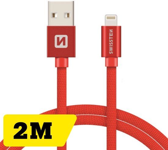 Swissten Lightning naar USB Kabel - 2m - Rood - Gevlochten - MFI Gecertificeerd