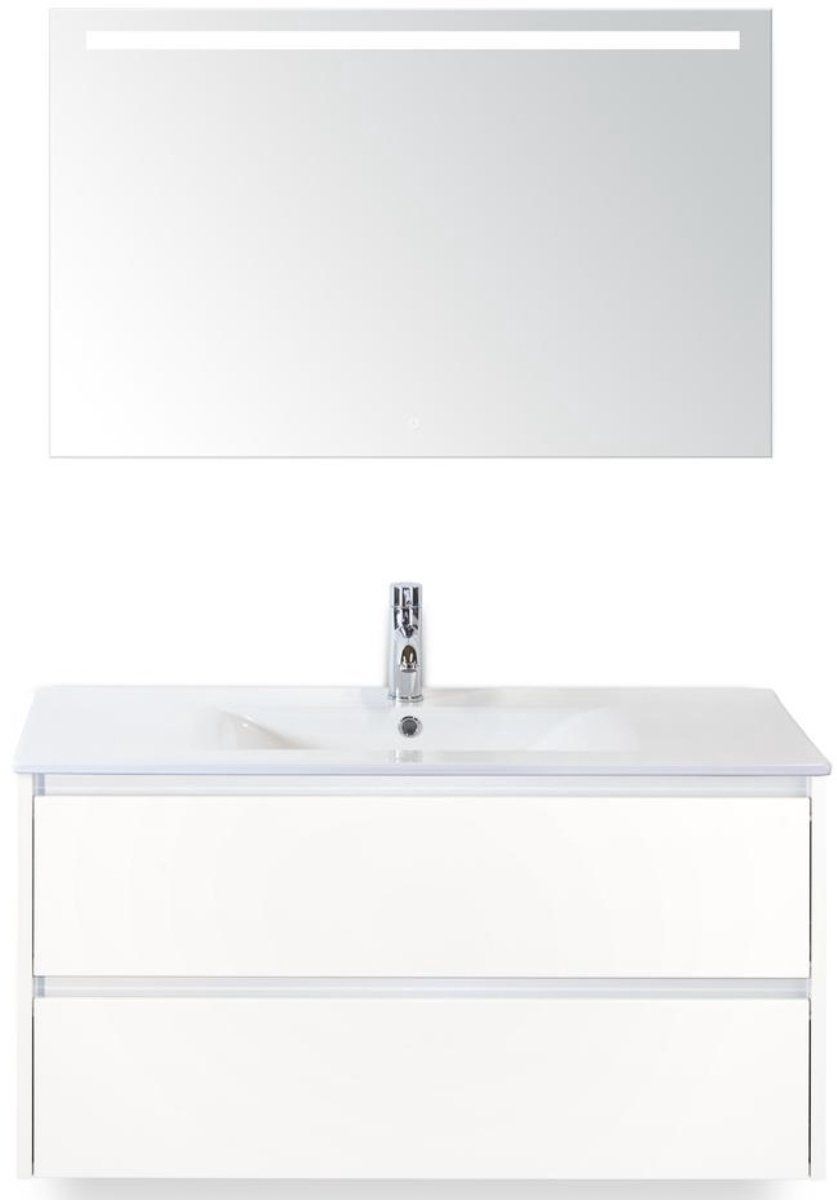 BES LED Dante Dante Badmeubelset 100 cm - Wit Hoogglans - Keramische Wastafel Wit Enjoy met Sence Spiegel