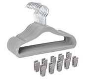 Finnhomy Antislip kleerhangers voor baby's en kinderen, 30-pack fluwelen hangers met 10 vingerclips, grijs