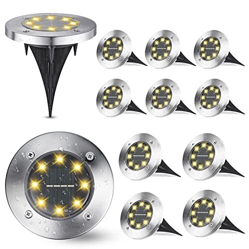 Joomer Outdoor Solar Garden Lights, Solar Powered Ground Warm White Lights Outdoor Waterdichte Tuin Lights met 8 LED Solar Disk Lights voor Pathway Yard Walkway Patio Gazon Pad (12 Pack)