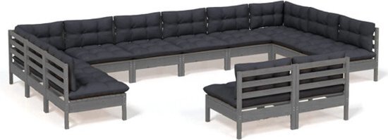 vidaXL 12-delige Loungeset met kussens massief grenenhout grijs