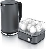 Arendo set de petit déjeuner, 2 pièces, bouilloire en acier inoxydable ELEGANT, 1,5 litre, avec contrôle de température de 40 à 100 °C, et cuiseur à œufs EIGHTCOOK pour un maximum de 8 œufs, couleur : gris froid