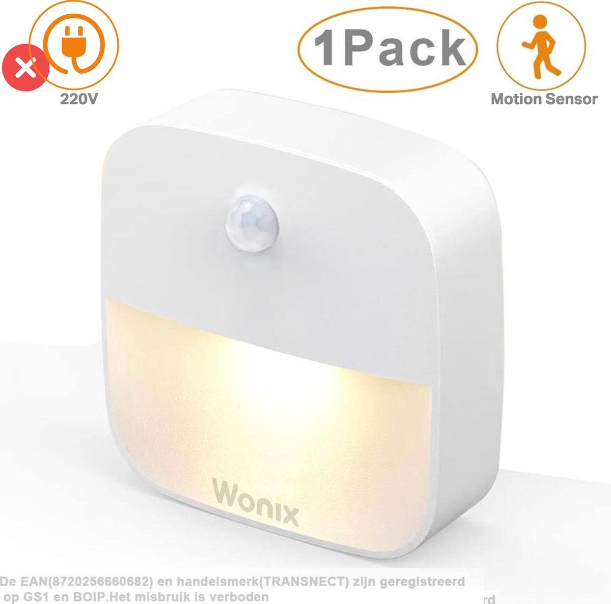 Wonix Nachtlampje - met Bewegingssensor - met Dag en Nacht Sensor - Werkt op 3 AAA batterijen - voor Babykamer, Slaapkamer - 1 Stuk