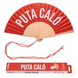 Fisura – Originele waaier met de tekst “p*ta caló”. Moderne, kleurrijke handventilator van hout. Rode handwaaier met bijgeleverde hanger. Afmetingen: 42,5 x 23 cm.