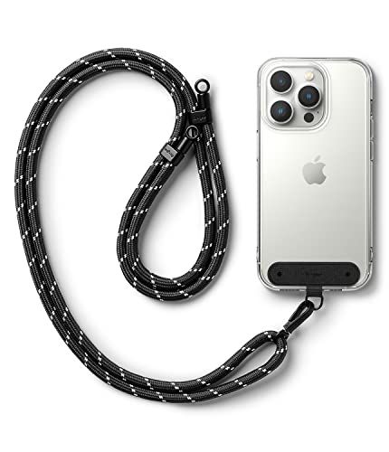 Ringke Holder Link Strap met Zwarte Nylon Tag, Verstelbare Crossbody Polyester Touw Lanyard Compatibel met Universele Smartphone-Hoes - Black & White