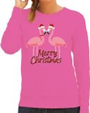 Bellatio Decorations Foute Kersttrui / sweater voor dames - Merry Christmas - flamingo - roze - tropische kerst - dieren M