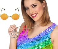 Atosa Hippie Flower Power verkleed accessoires set - ronde glazen bril oranje - peace teken ketting - Sixties thema