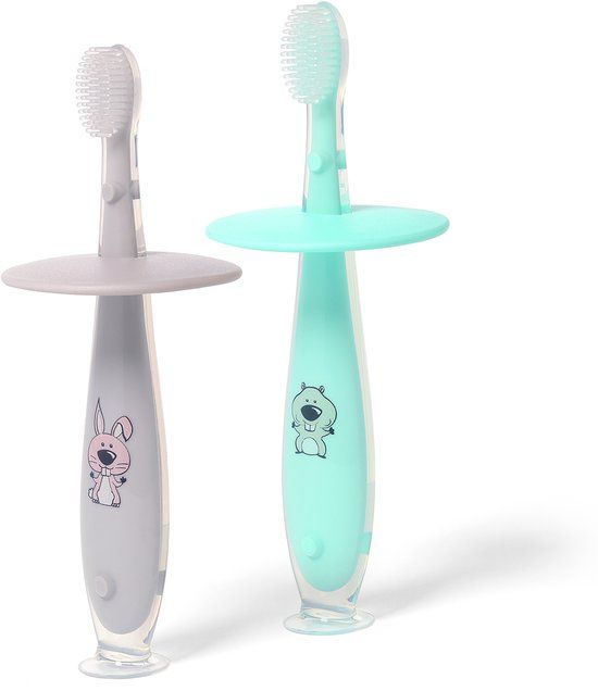 Babyono - Baby Siliconen Tandenborstel - Grijs - 12m+ - Beveiligd