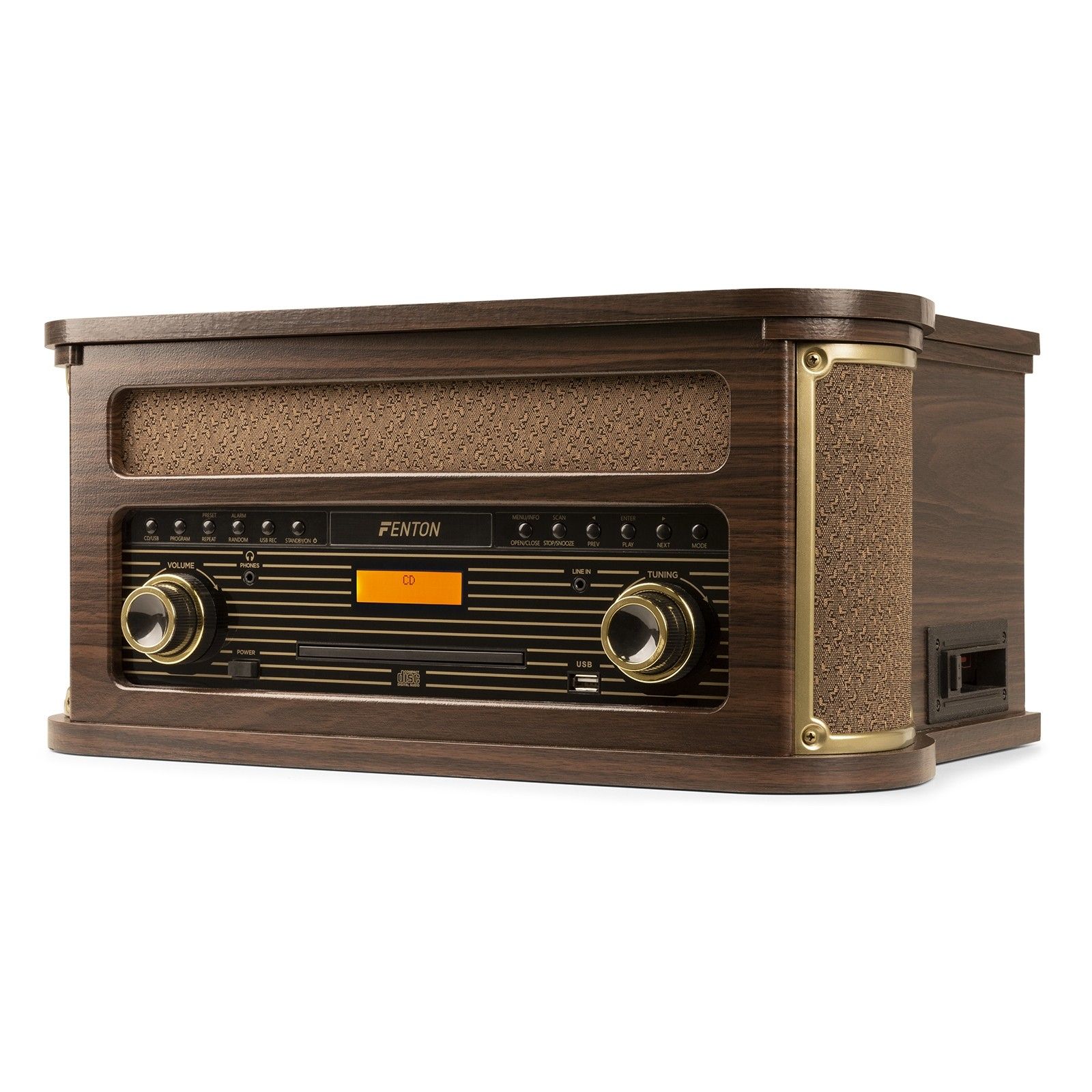 Fenton Memphis Retro platenspeler met FM en DAB radio, cassette speler - Donkerbruin