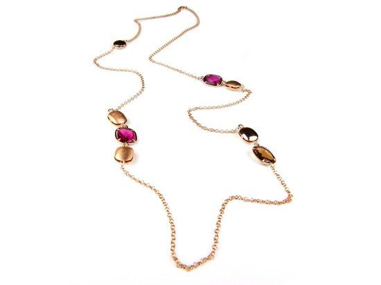 Zilveren halsketting collier roos goud verguld Rectangle met rode en bruine stenen