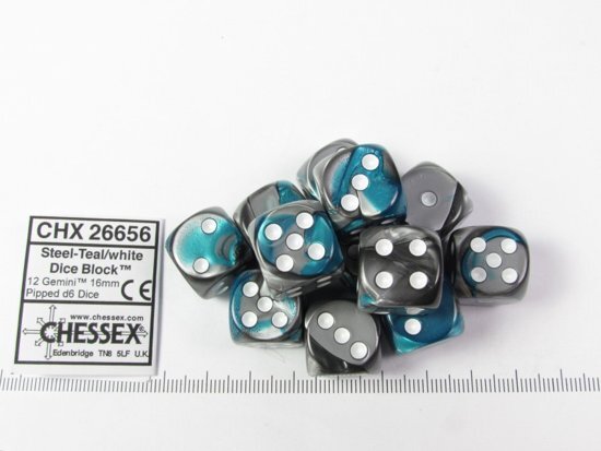 Chessex dobbelstenen set, 12 st. 6-zijdig, 16mm Gemini Steel-Teal w/white