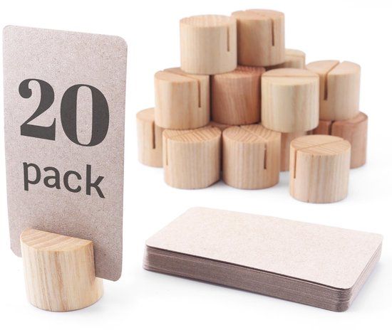TOROS STORE Mini houten tafelnummerhouder met 25 kraftpapier plaatskaarten