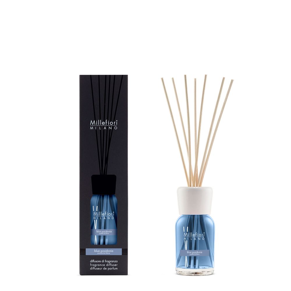 Millefiori Blue Posidonia Reed Aroma Diffuser - Floral Fragrance - Glass & Wood - 100ml