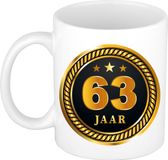 Bellatio Decorations 63 jaar thema koffiemok Medaille - jubileum - verjaardag - zwart met goud - Cadeau beker - 300 ml - keramiek