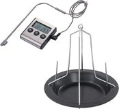 Merkloos BBQ/oven kippenspit/kiphouder met schotel zwart 20 x 18 cm - Met digitale vleesthermometer / braadthermometer