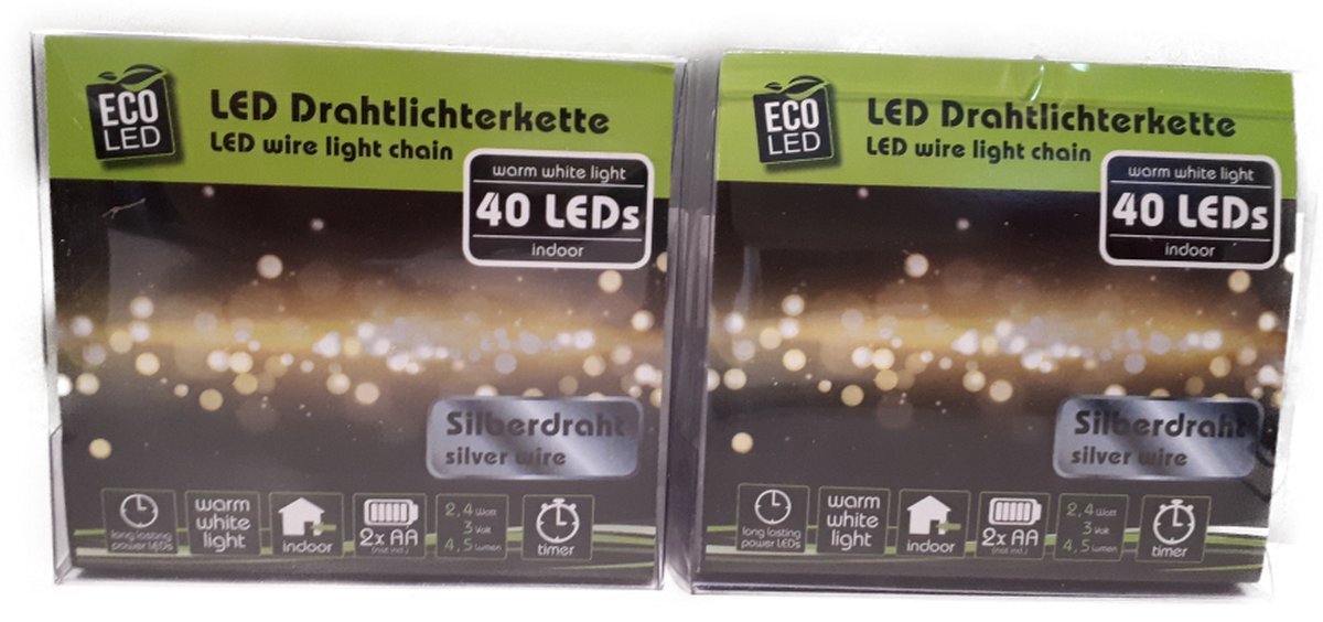 Eco-Led Led draad verlichting - 40 LEDS - 4,2 meter - Warm wit - Kerstverlichting - Werkt op batterij - Voor binnen - Timer - Voordeel set van 2 stuks