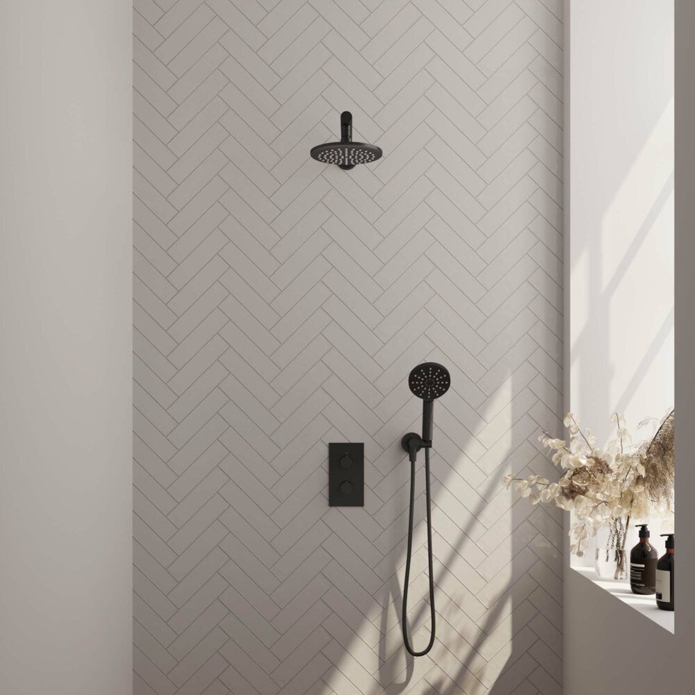 Brauer Black Carving thermostatische inbouw regendoucheset met 2-weg omstel 40cm rechte wandarm met 20cm ronde hoofddouche 3 standen ronde handdouche 150cm gladde doucheslang met aansluitbocht en handdouchehouder Zwart mat 5-S-127