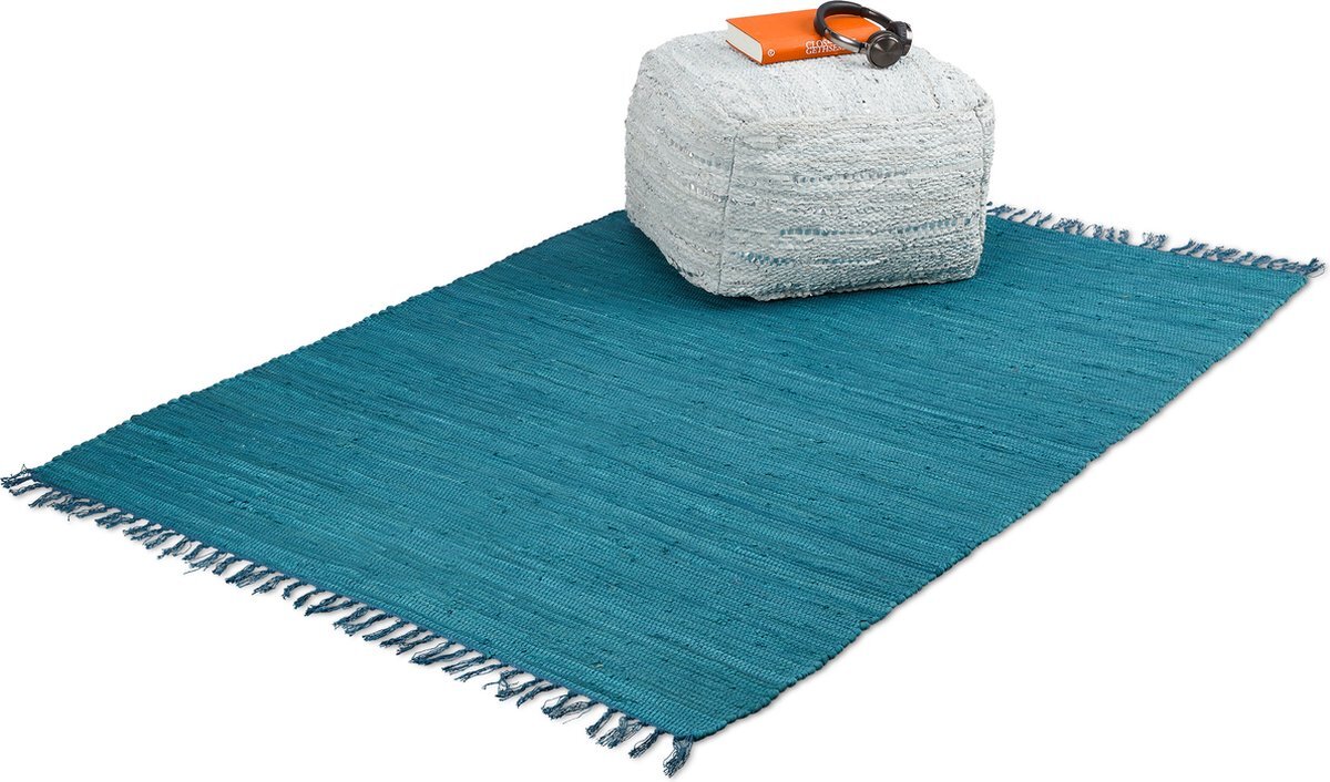 Relaxdays Vloerkleed blauw - van katoen - handgeweven - tapijt - slipvast - chill mat - 120x180cm