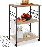 tectake® Serveerwagen met 3 Houten Planken - Keukenplank met Wielen - 65,5 x 45,5 x 88,5 cm - Keukenwagen met 6 Haken in Industrieel Design - Zwart Metalen Frame (lichtbruin)