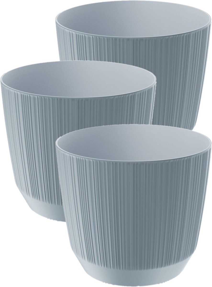 Prosperplast 3x Moderne Carf-Stripe Plantenpot/Bloempot Kunststof Ø15 cm - Steengrijs