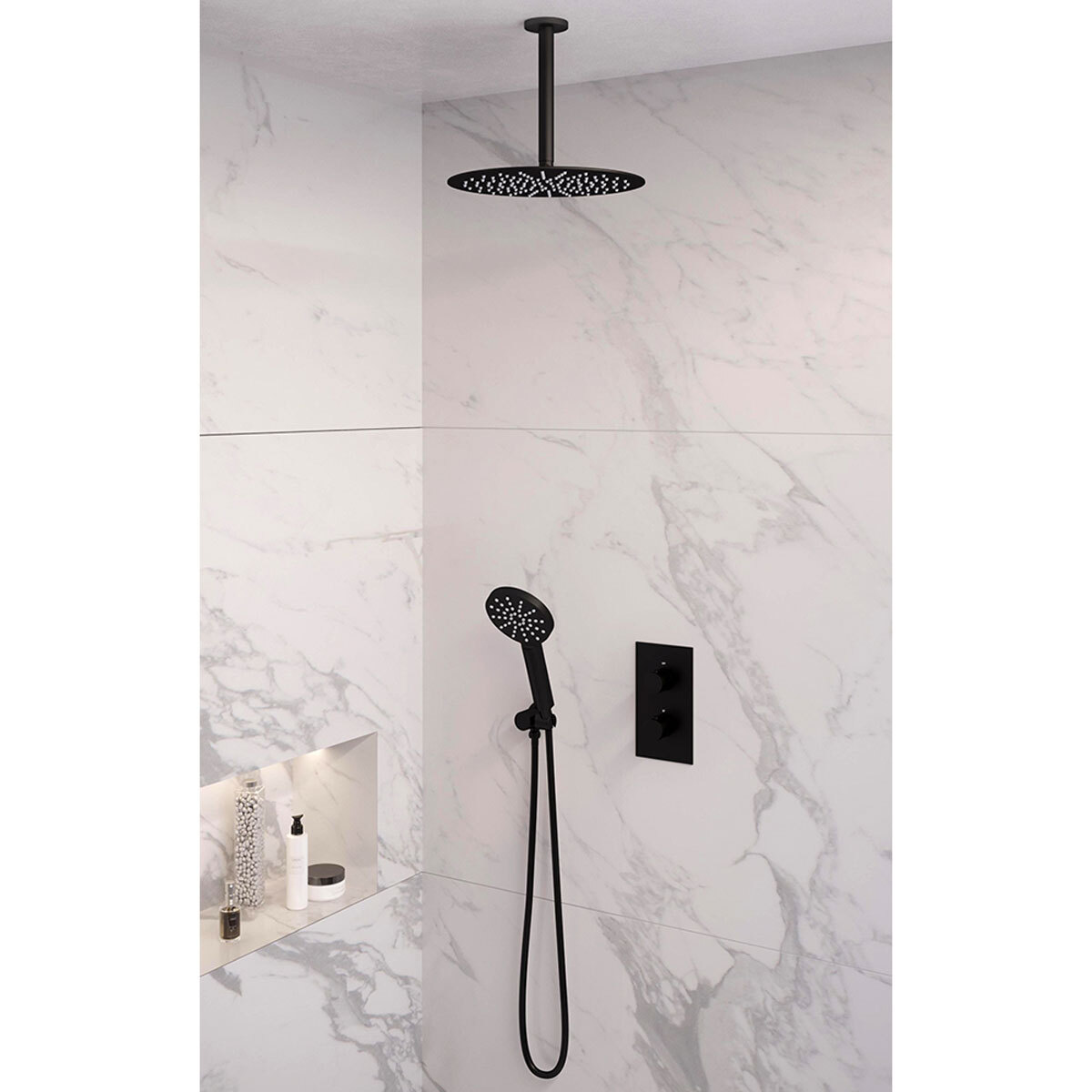 Brauer Regendoucheset 36 Inbouw Muur Black Edition 30cm Rond Mat Zwart 2 Greeps 3-weg met Thermostaatkraan en Handdouche