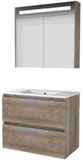 Basic-Line Premium 46 Badkamermeubelset - 80 x 46 cm - Greeploos - 2 Lades - Keramische Wastafel - 1 Kraangat - Spiegelkast met LED Verlichting - Scotch Oak