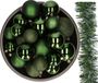 Decoris Kaemingk B.V. Kerstversiering set - donkergroen - 26x kerstballen 6-8-10 cm en kerstslinger - kunststof