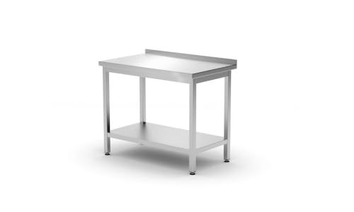 HENDI Werktafel, met opstaande rand, geschroefd, met opbergplank, in hoogte verstelbare poten, versterkt werkblad, tot 70kg/m2, keukentafel, keukenwerktafel, 800x600x(H)850mm, roestvast staal AISI 430