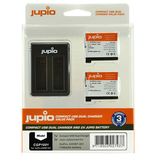 Jupio Kit met 2x Battery GoPro AHDBT-401 HERO4 1160mAh + Compact USB Dual Charger