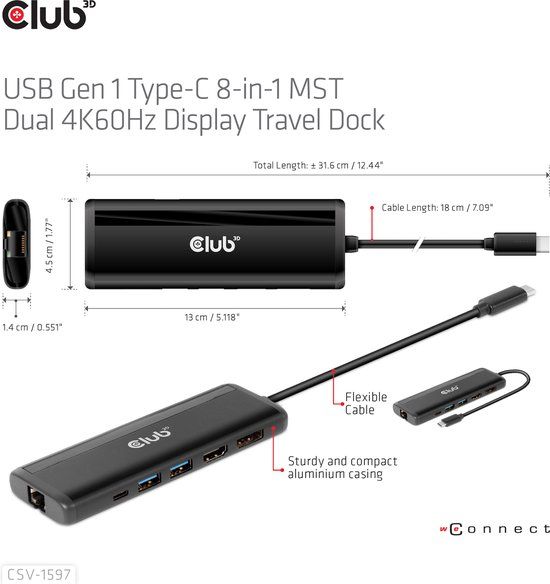CLUB3D USB Gen 1 Type-C 8-in-1 MST Dual 4K60Hz Display Travel Dock - Black