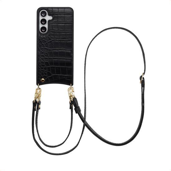 Selencia Hoesje - Samsung Galaxy S25 FE - Croco Backcover met koord en pashouder - Zwart