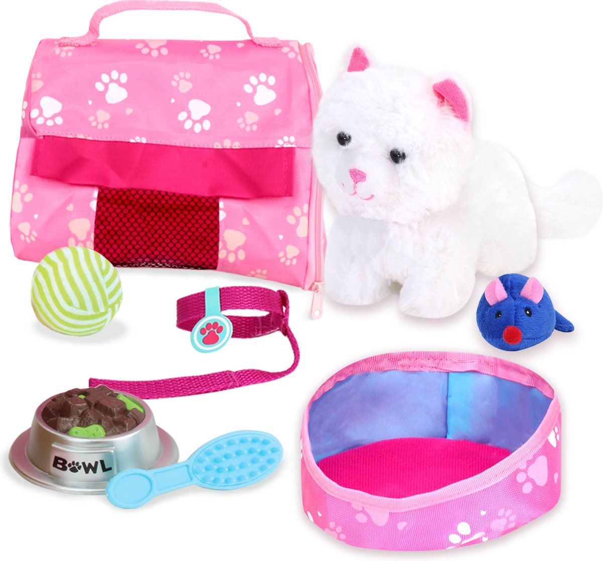Sophia's by Teamson Kids Witte pluche Kitty Kat en Accessoires Set voor 18 "Pop - Wit, Roze