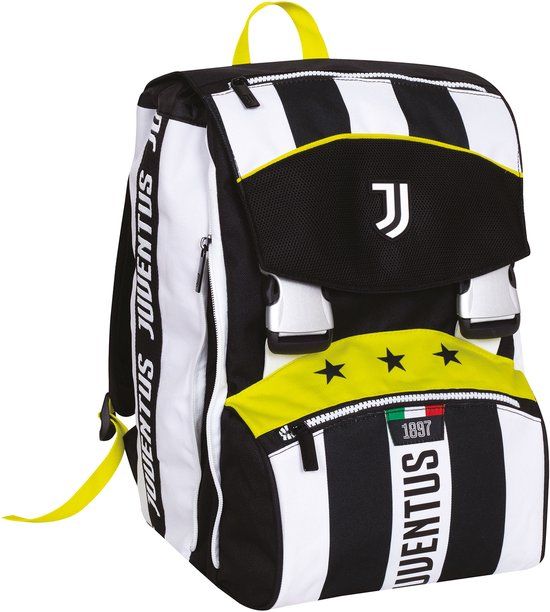 Seven Juventus Rugzak met dubbel uittrekbaar vak, wit en zwart, grote inhoud, voorgevormde rugleuning, kinderen, basisschool, voetbal, Zwart, Eén maat, Casual