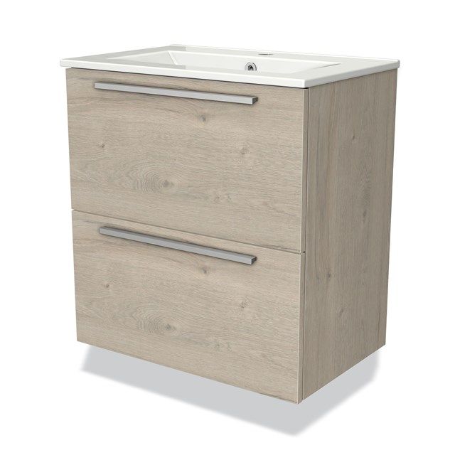 Maxaro Badkamermeubel 60cm Modulo Slim Lichtgrijs Eiken 2 Lades Vlak Wastafel Keramiek