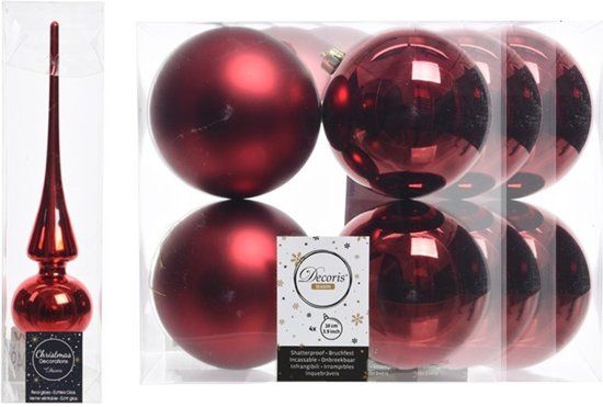 Decoris Kerstboom decoratie rood piek en 12x kerstballen 10 cm