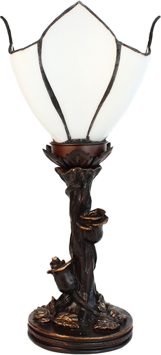 Lumilamp Tiffany Tafellamp Bloem Ø 18*32 cm E14/max 1*25W Wit, Bruin Glas, Kunststof Tiffany Bureaulamp Tiffany Lampen