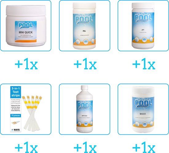 Pool Power Zwembad Onderhoudsset - Startersset (6-delig) - Chloor, PH-min, PH-plus & Teststrips - Voor zwembaden tot 2500 liter