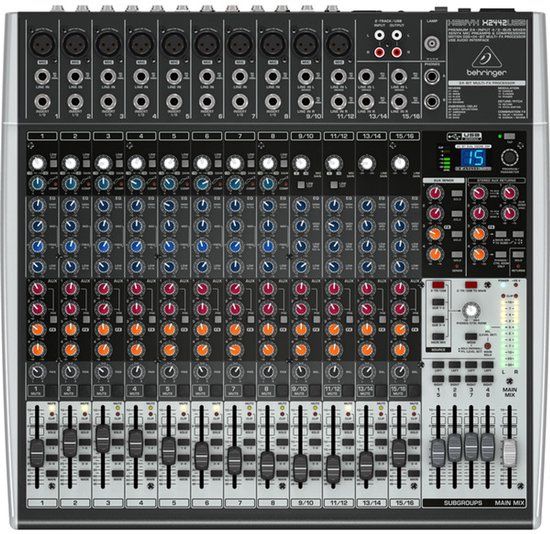 Behringer Xenyx X2442 USB Premium Mixer, 24-input 4/2-bus met XENYX microfoon-voorversterkers en compressors, British EQ, 24-bit Multi-FX processor en USB-/audio-interface