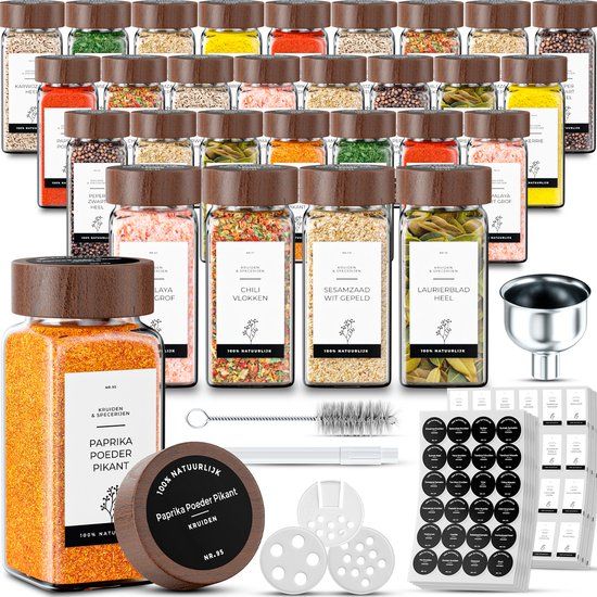 Organess 28 Glazen Kruidenpotjes Vierkant met Acacia Deksel - 120ml