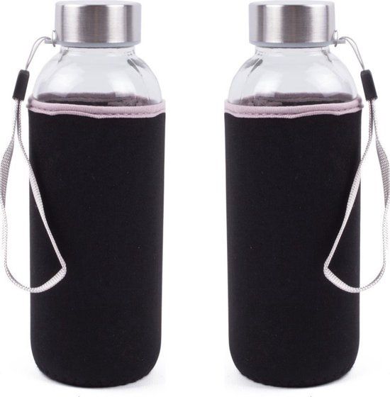 Narvie - Set van 2 Glazen Drinkflessen - 420 ml - Zwart