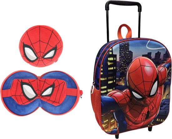 4KidsOnly Spiderman reisset; 3D trolleyrugzak en slaapmasker + reiskussen