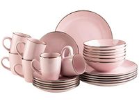 Moderne serviesset voor 6 personen met messingkleurige rand, 24-delig combiservies met randloze coupe-vormen, roze