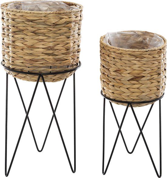 Atmosphera Set of 2 Woven Flower Pots on Metal Black Stand - Planter - Metal - Hyacinth