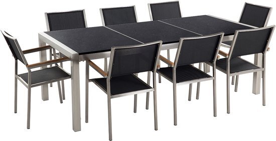 Beliani Tuinset gepolijst graniet/RVS zwart driedelig tafelblad 220 x 100 cm met 8 stoelen zwart GROSSETO